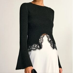 Lace Hem Bell Sleeve Wool Blend Knit Top